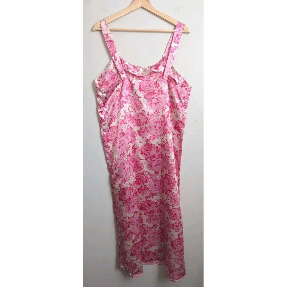 Strappy Silky Satin Slip Nightgown Dress M L Pink Rose Floral Bows L 90s Y2K